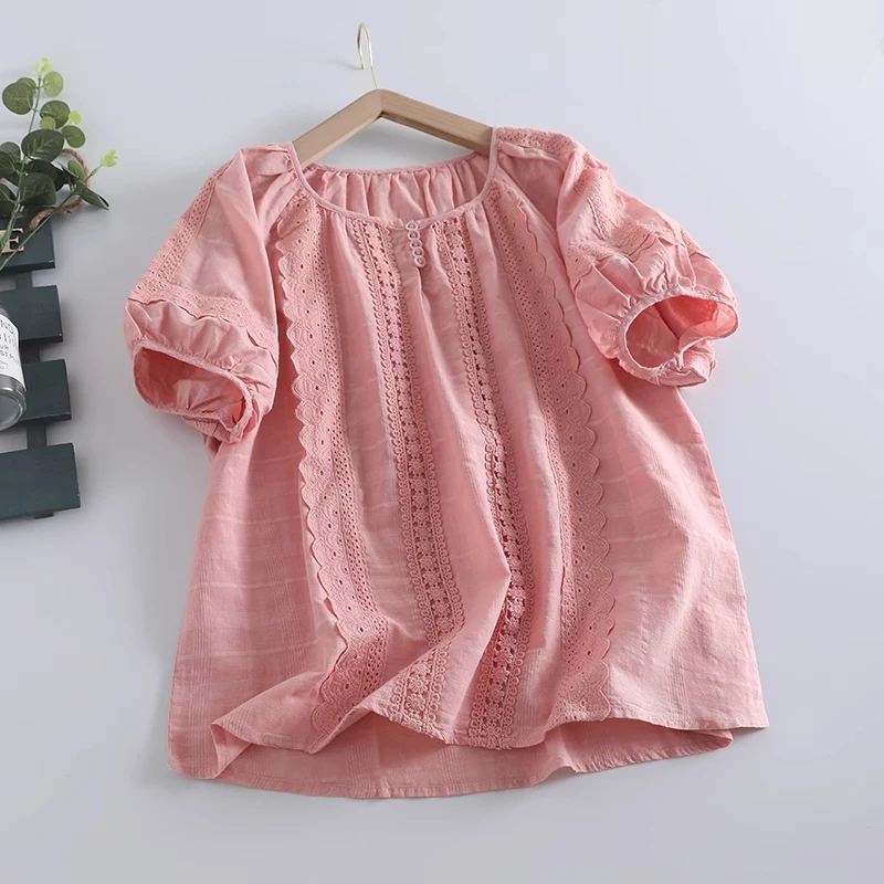 夏季新品宽松纯色衬衫镂空减龄花边蕾丝拼接短袖显瘦女士大码上衣