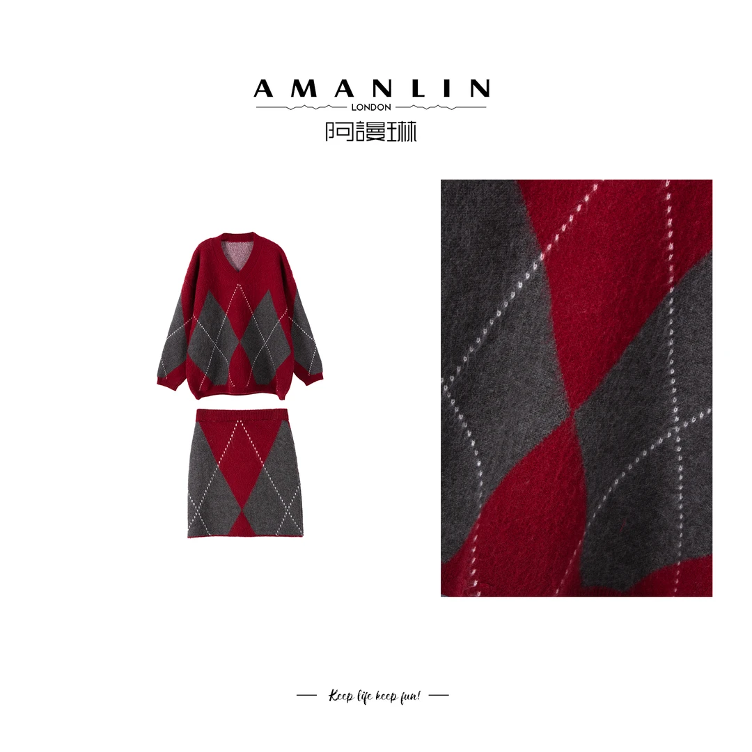 【AMANLIN】冬季显瘦学院风穿搭时尚针织套装气质两件套F595108