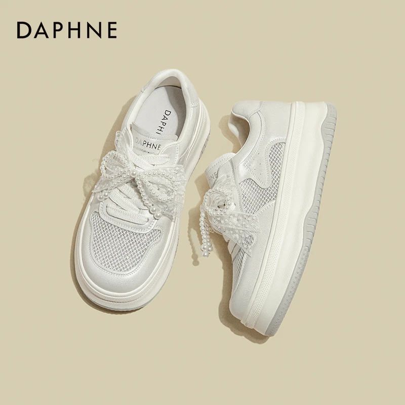 达芙妮2025夏季新款透气网面小白鞋增高厚底时尚休闲运动板鞋女款