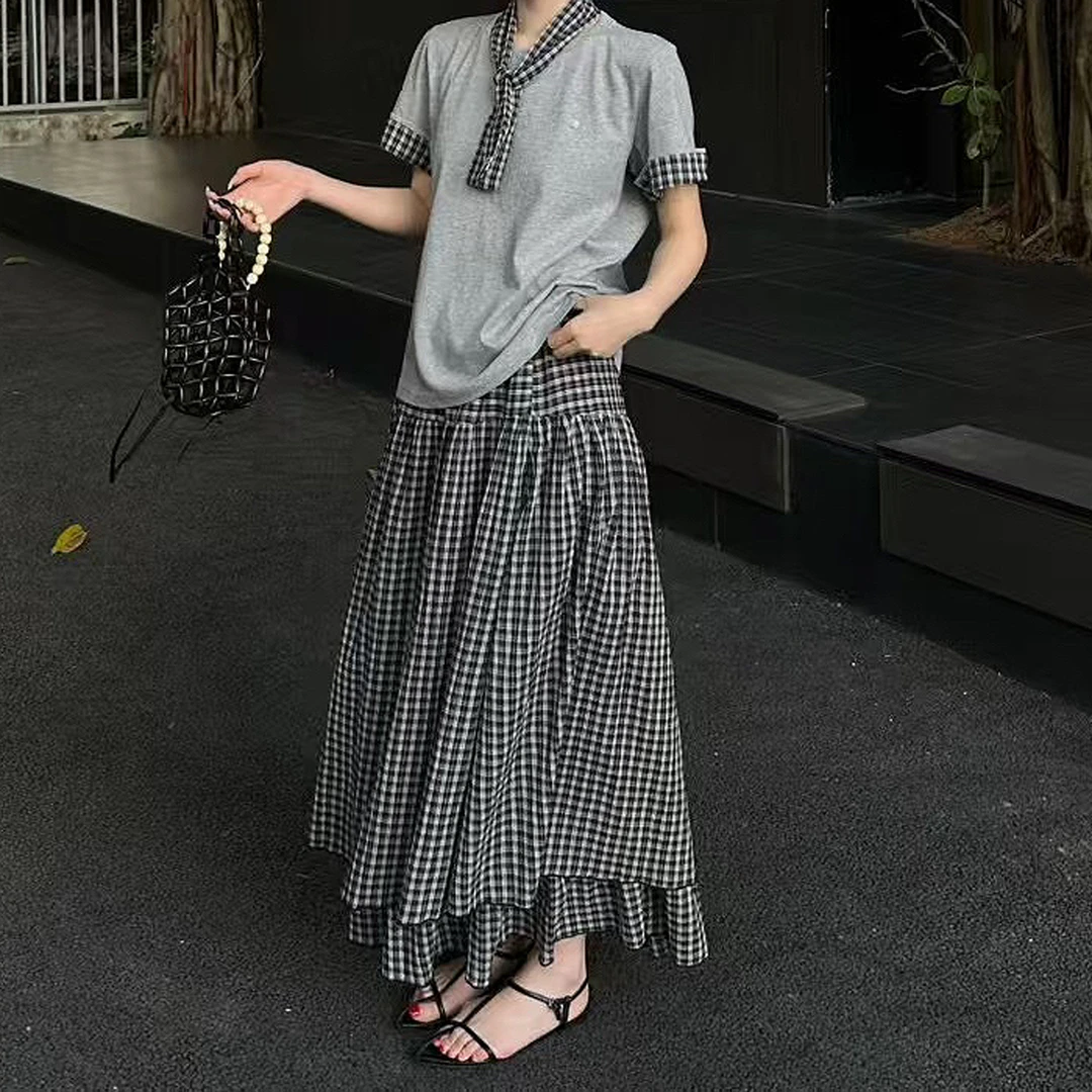 2025夏季韩版设计感百搭格纹长裙 压褶双层裙摆撞色格纹a字半身裙