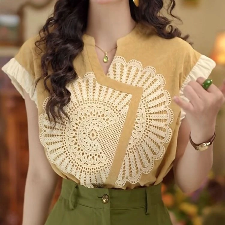 黄色衬衫女士2025夏季新款宽松时尚不规则设计感蕾丝拼接v领上衣