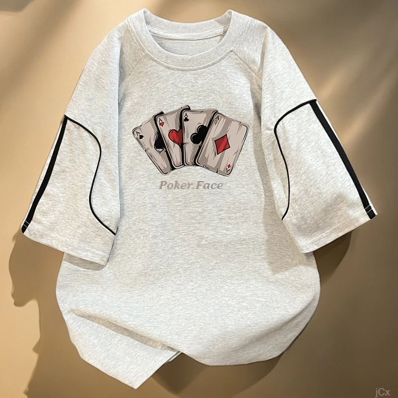 特大码300斤夏季美式小众纯棉短袖t恤男女设计感拼接宽松插肩上衣