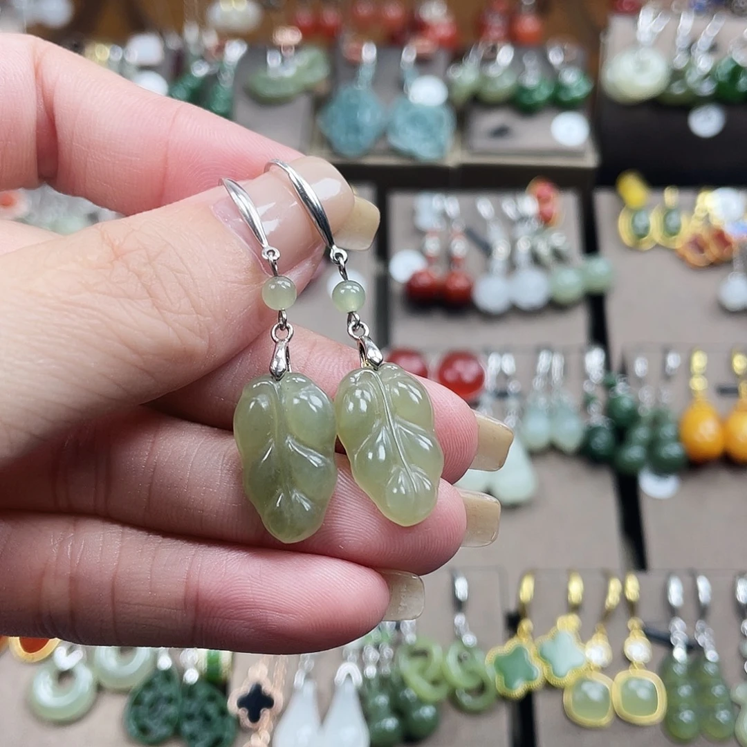 和田玉银S925镶嵌耳饰