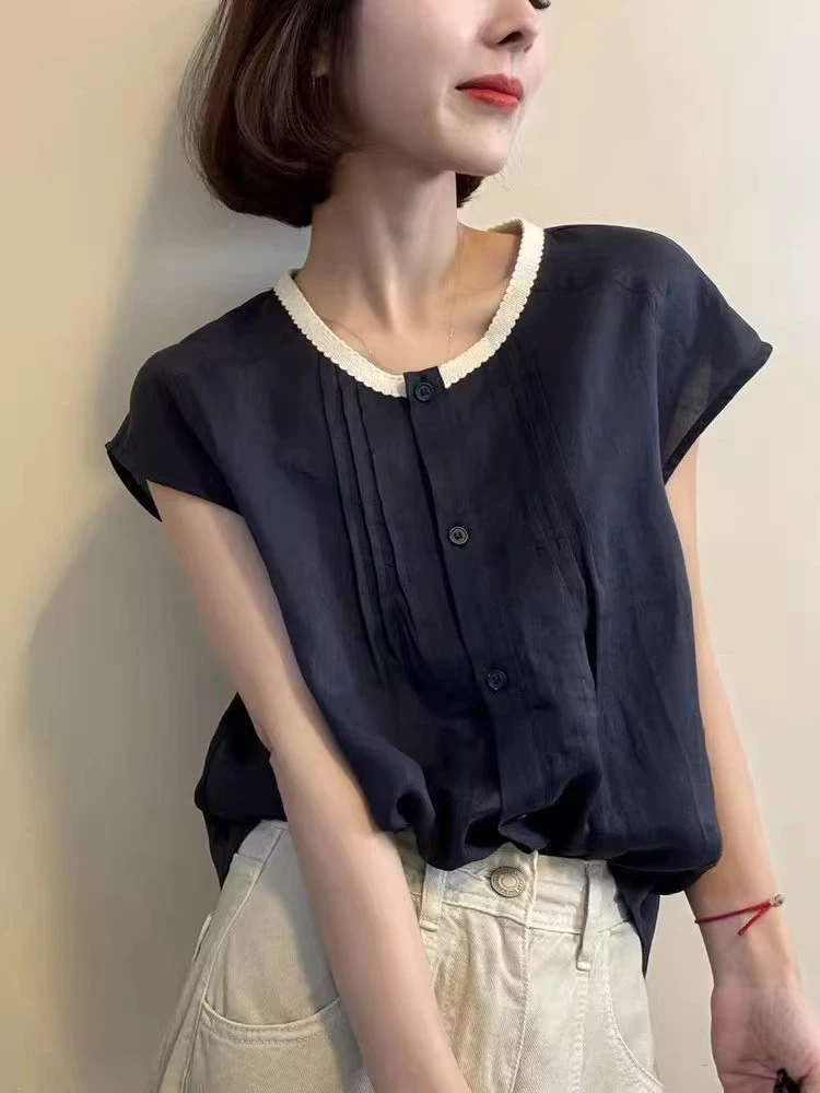 欧洲站2025夏季新款韩版宽松显瘦小个子单排扣麻料短袖衬衫女上衣