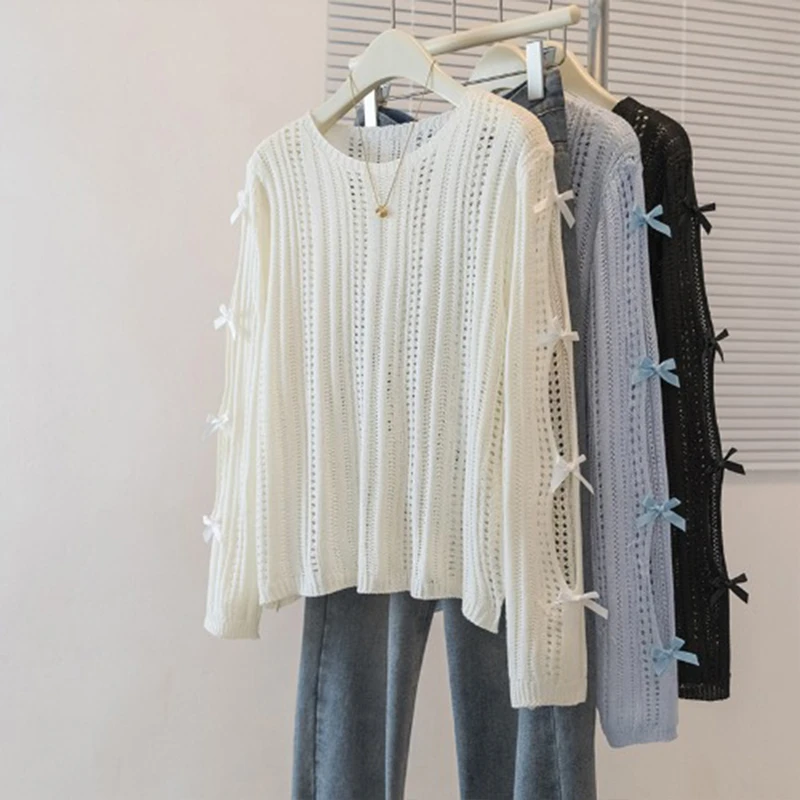 蝴蝶结镂空设计感针织衫t恤女2025春夏新款大码胖mm外搭罩衫上衣