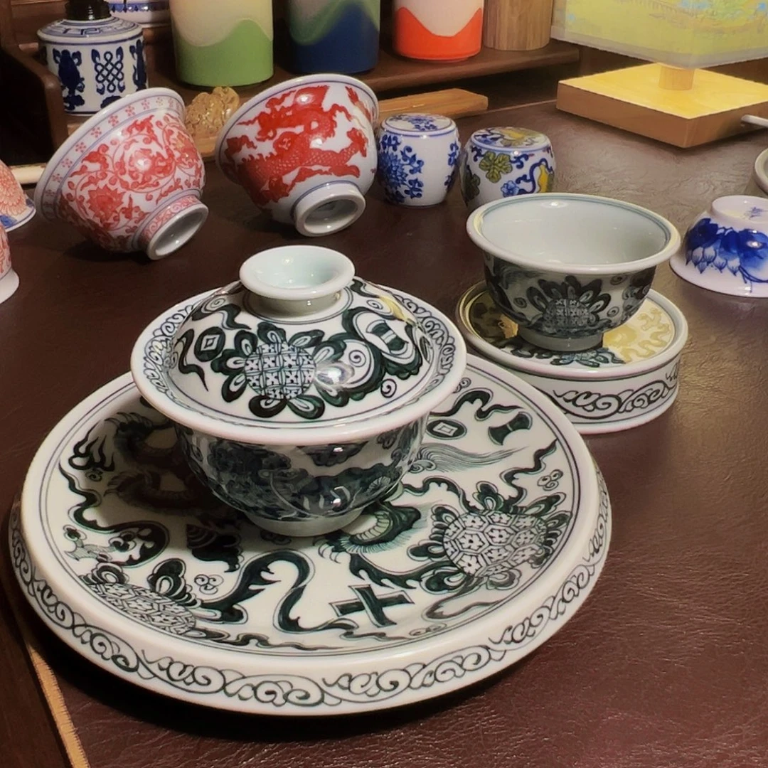 摆件瓷精品手绘郎窑绿茶具套装福利价