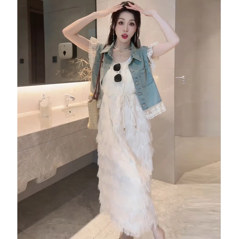 夏装搭配一整套女时尚设计感蕾丝拼接牛仔外套吊带连衣裙两件套装