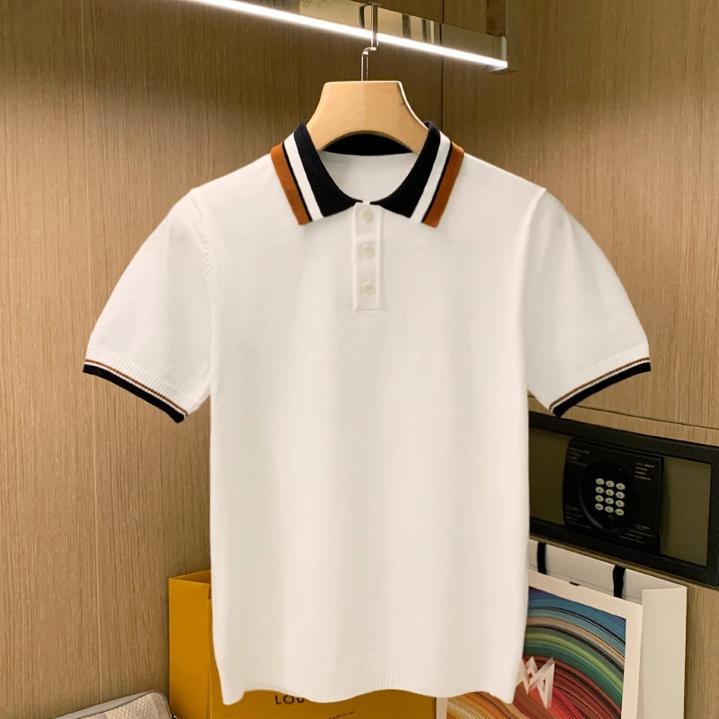 时尚高级白色短袖衣服修身翻领短袖t恤男 复古拼色上衣polo衫男款