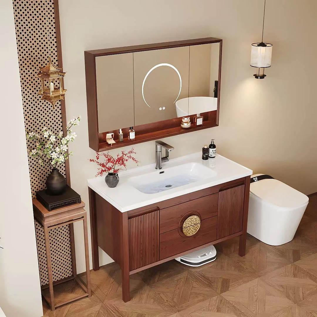 2025新款中古风乌金木烤漆智能落地式浴室柜卫生间洗漱台卫浴组合