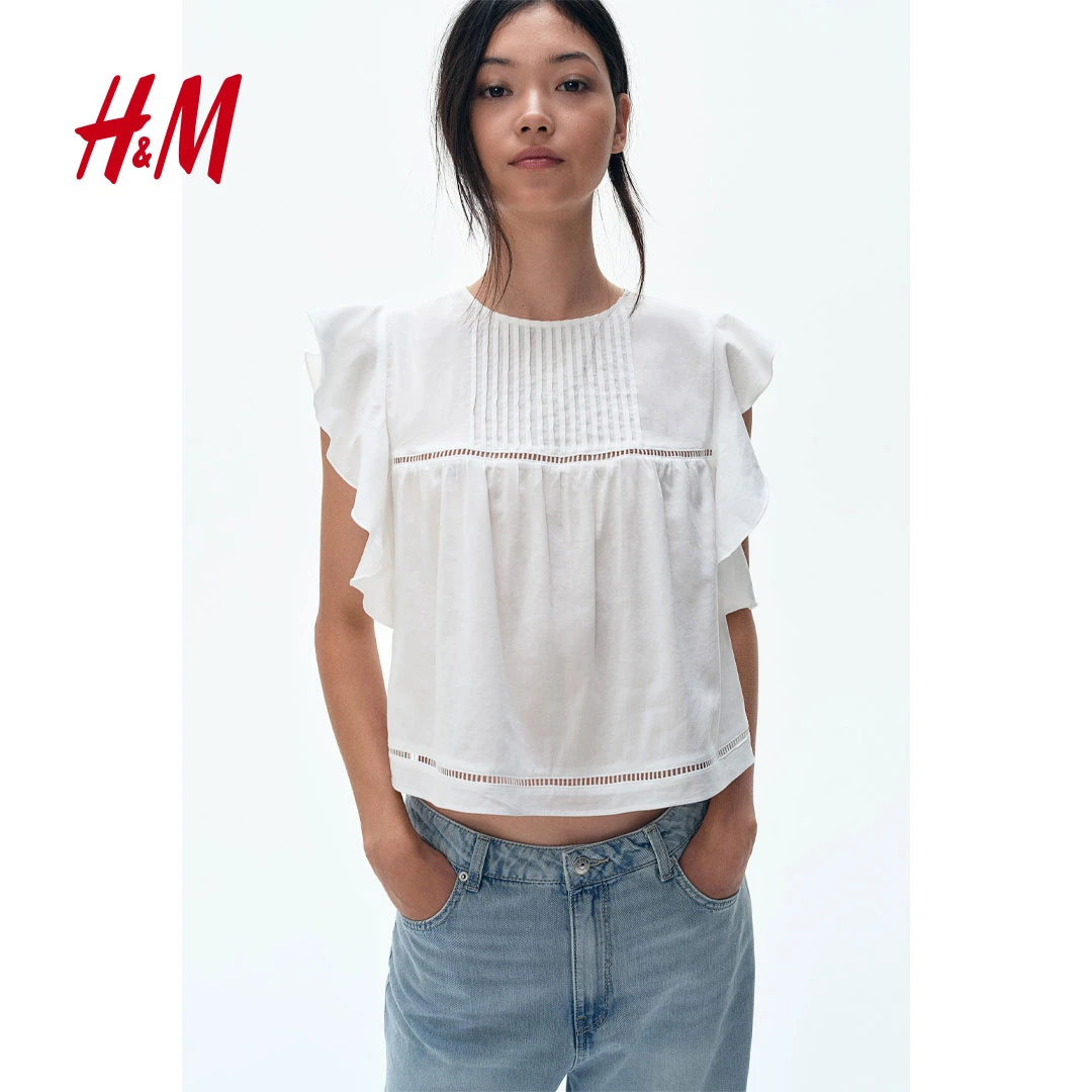 HM女装2025春新款流光风法式荷叶边独特漂亮飘动袖衬衫1272637