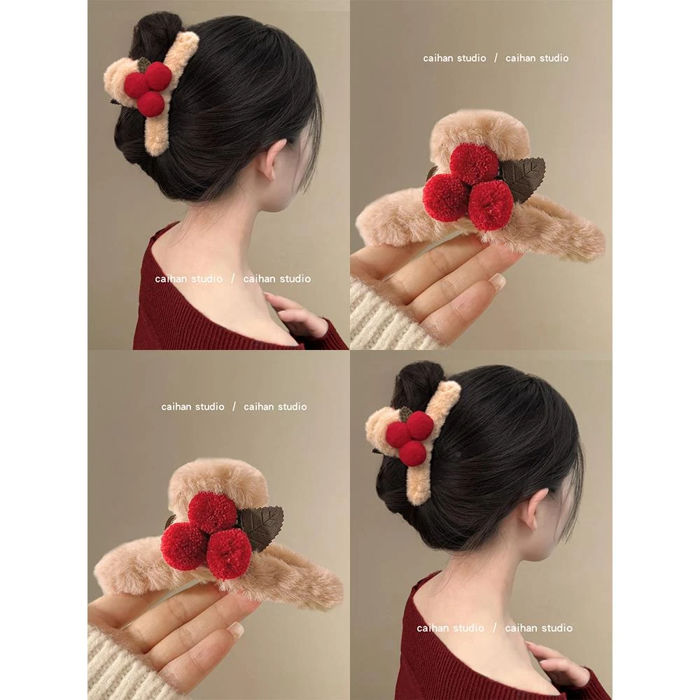 冬日梅果~咖色毛绒抓夹秋冬后脑勺盘发鲨鱼夹大号发卡小众发饰女