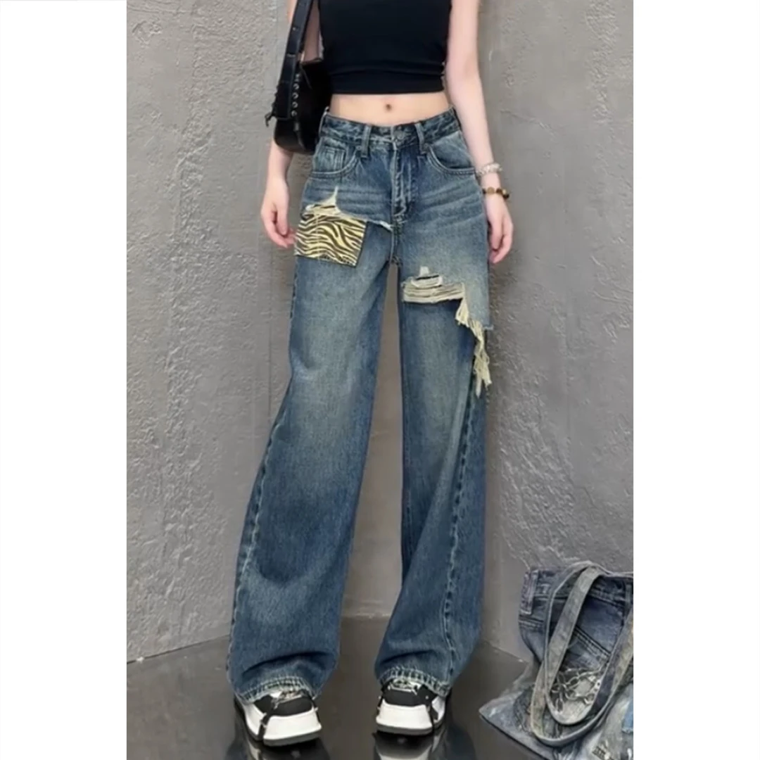 艾塔莉早秋新款时尚阔腿牛仔裤高腰水洗长裤拼接磨破设计女款裤子