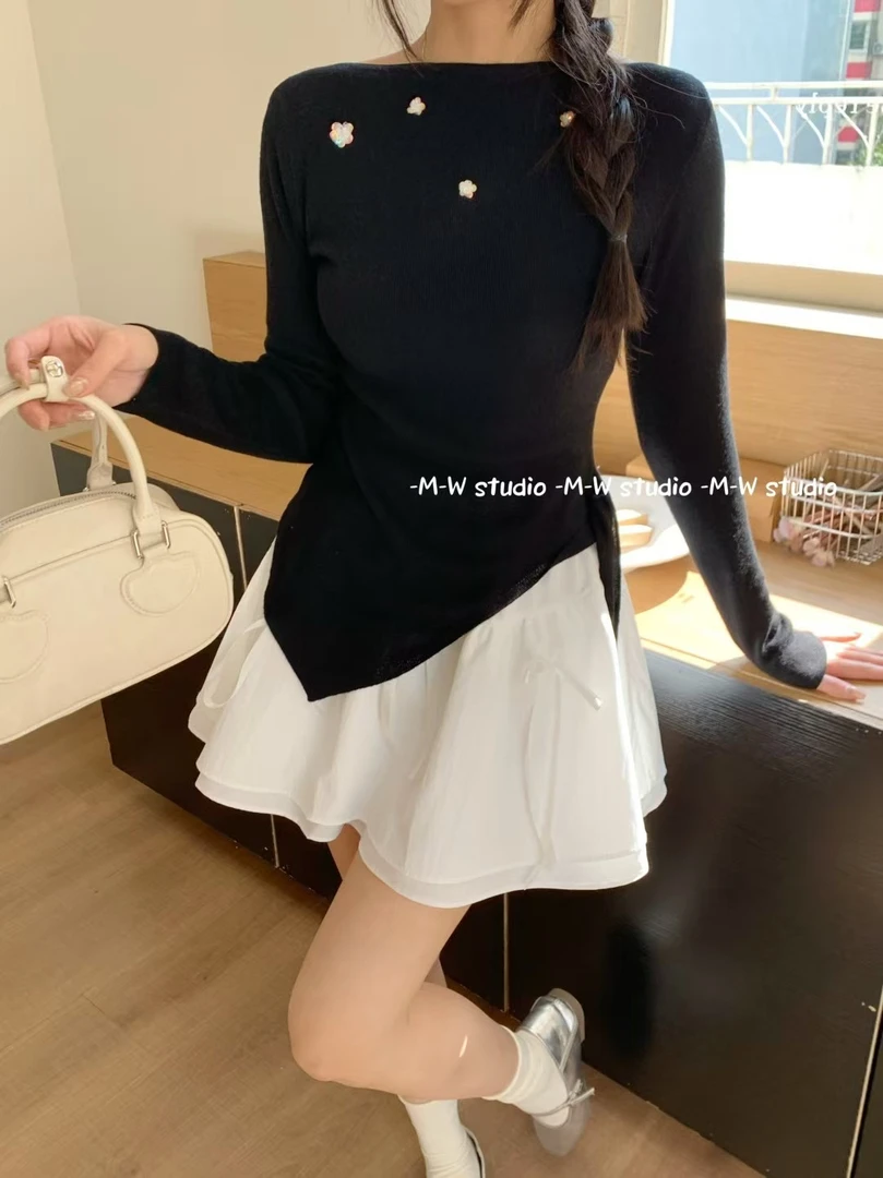 温柔风气质甜美小个子斜领修身上衣半裙女装套装