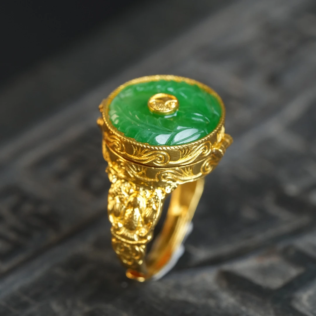 【豐登】足金冰阳绿翡翠戒指 老翡翠少见大麦纹样