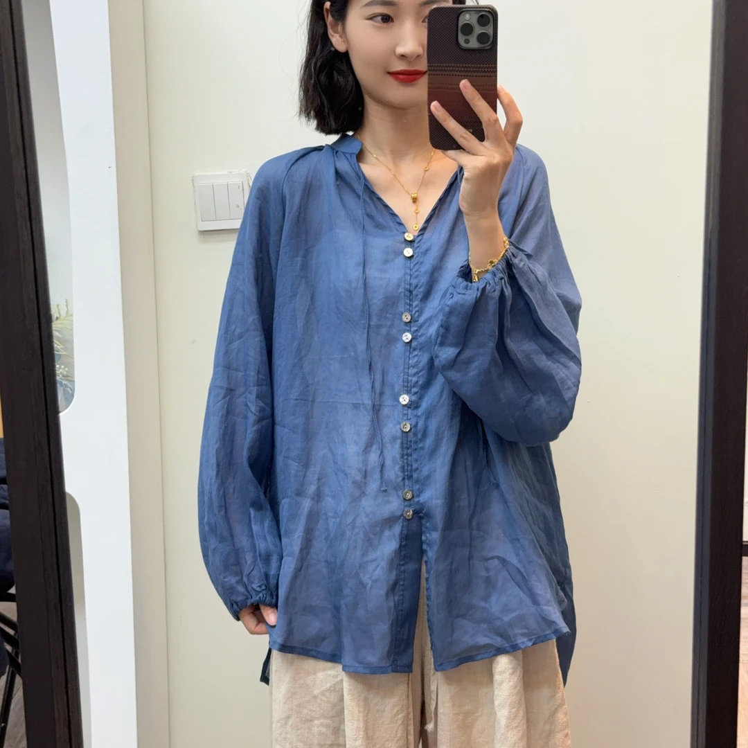 【羽翎】夏季苎麻休闲百搭防晒长袖V领女士衬衫 9711