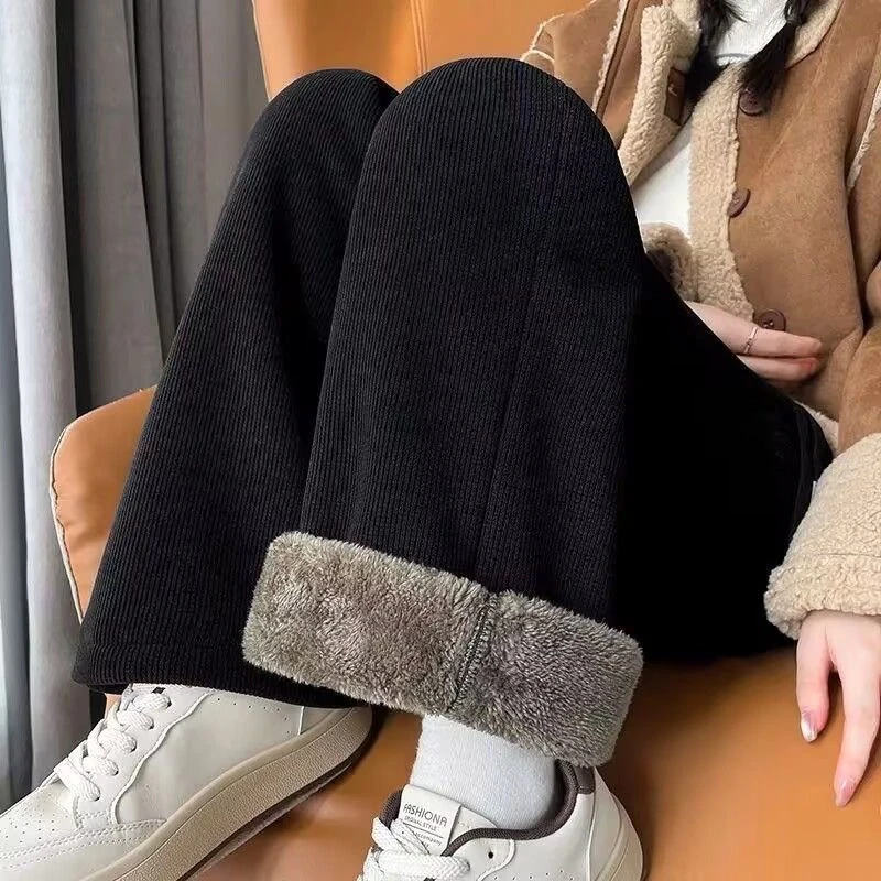 【现货+运费补贴】羊羔绒阔腿裤女2025新加绒窄版垂感高腰休闲直筒