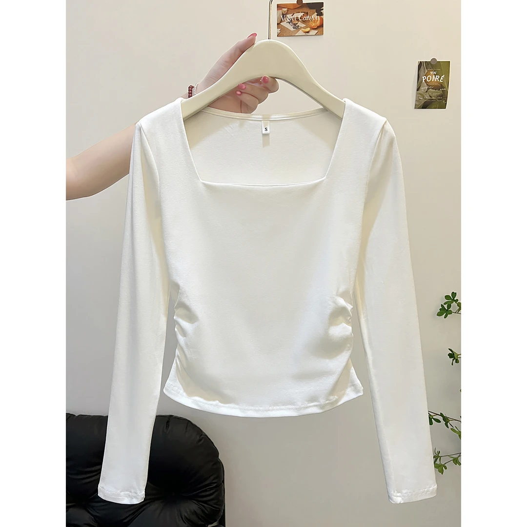 方领长袖t恤女2025新款春秋季修身收腰设计感小众内搭打底衫上衣