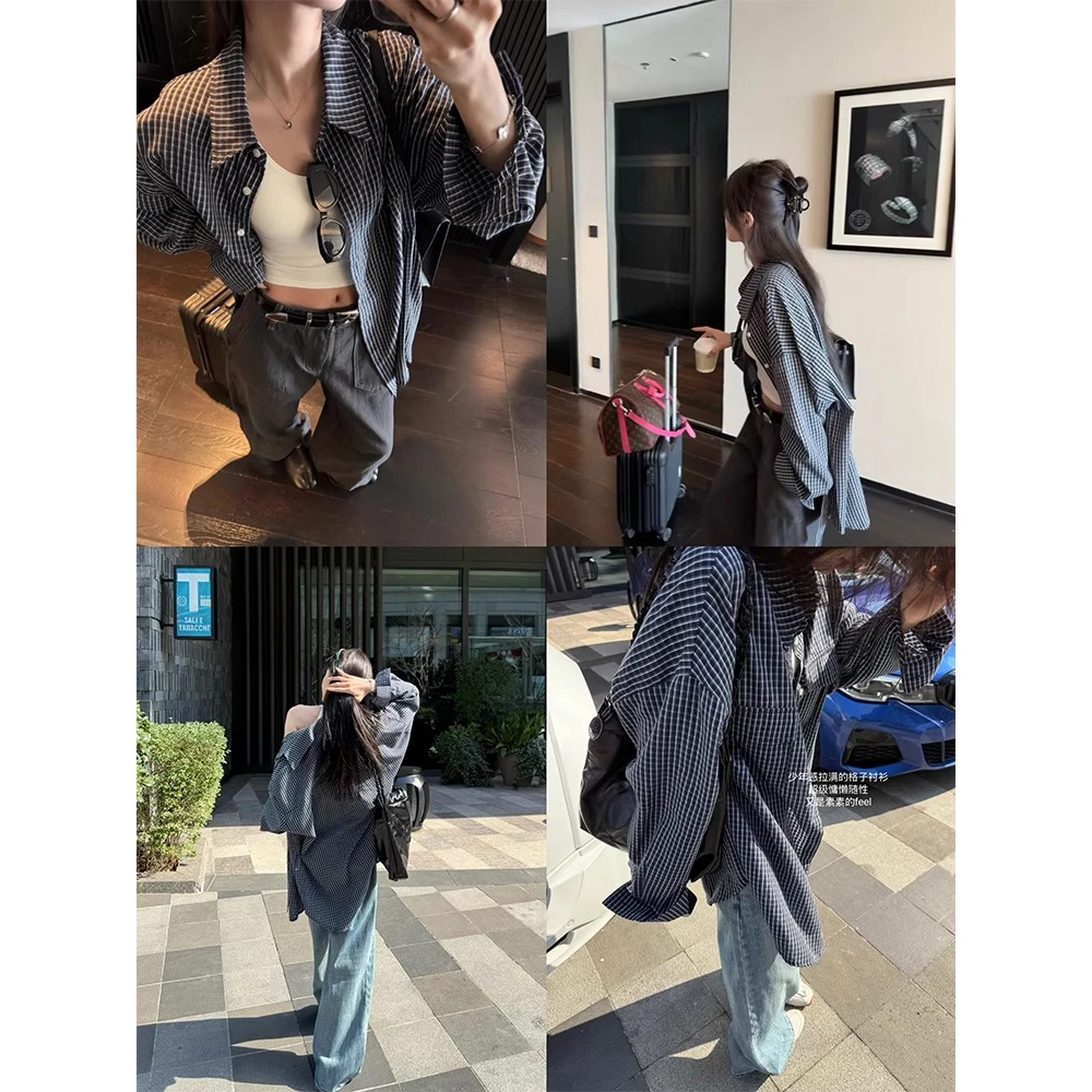 VUMP 蓝调时刻复古高支棉宽松显瘦长袖百搭格纹衬衫女春夏季新款