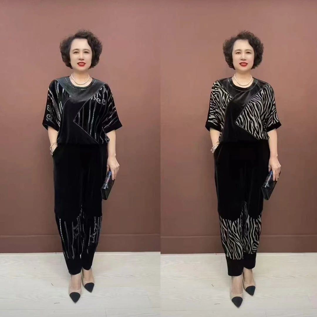 6005新款丝绒烧花七分袖圆领时尚套装中老年女装撞色大码两件套