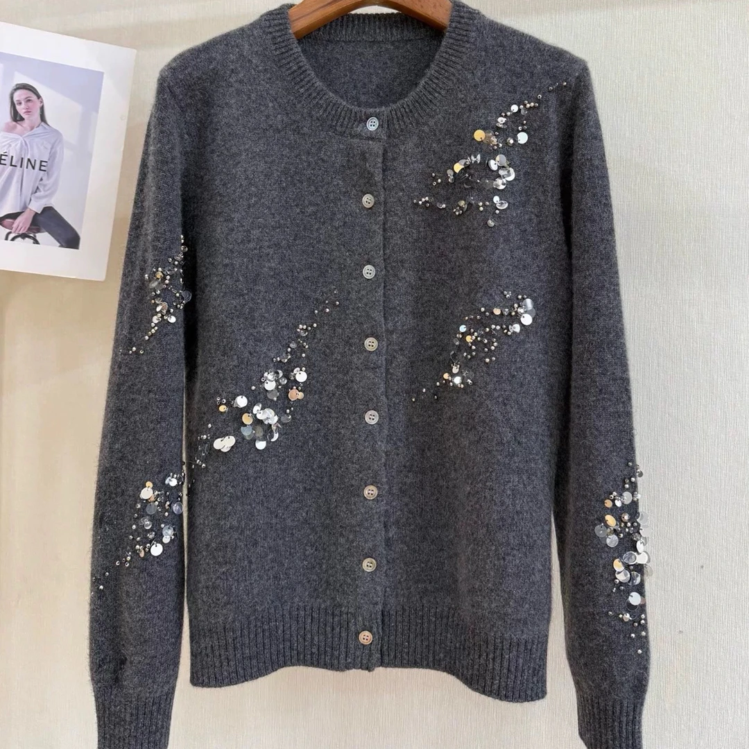 董洁同款100纯山羊绒手工钉珠垫肩针织开衫