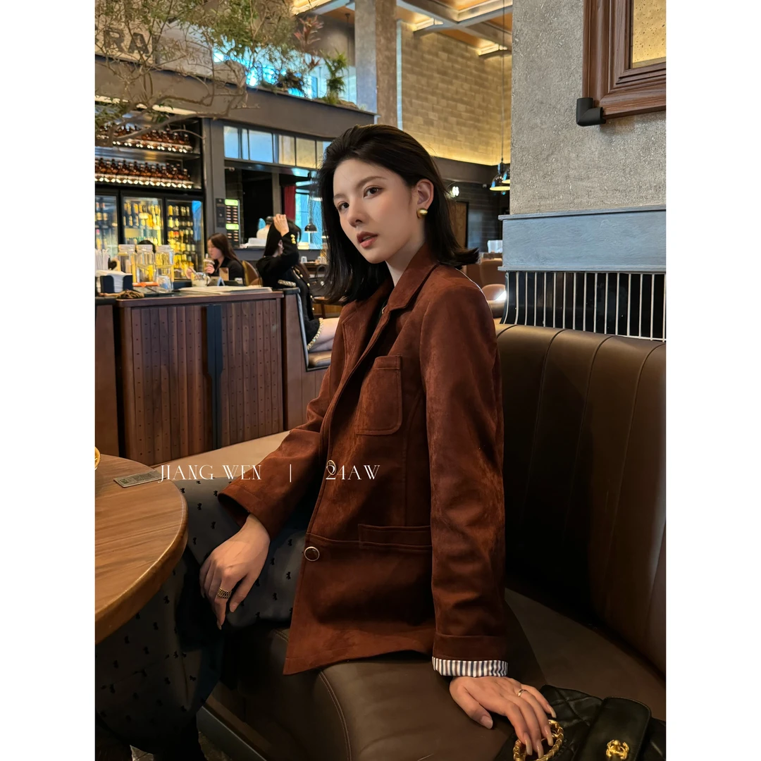 UKILAU【复古玩家】牛皮绒质感撞色袖子高级设计感小众气质西装外套