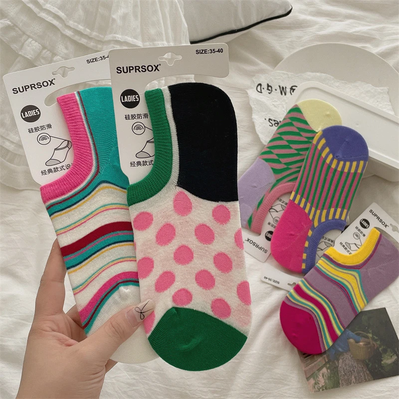 袜子短款浅口女条纹纯棉无骨船袜波点撞色防滑彩色夏季隐形短袜