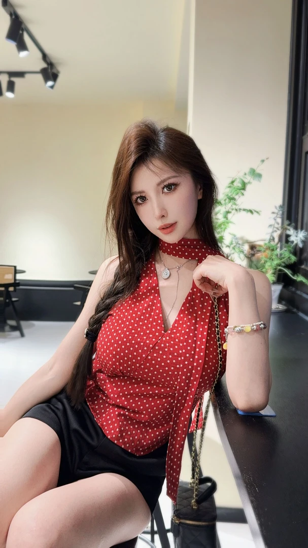 程北北【复古美神】红色波点飘带v领上衣/黑色醋酸简约短裤