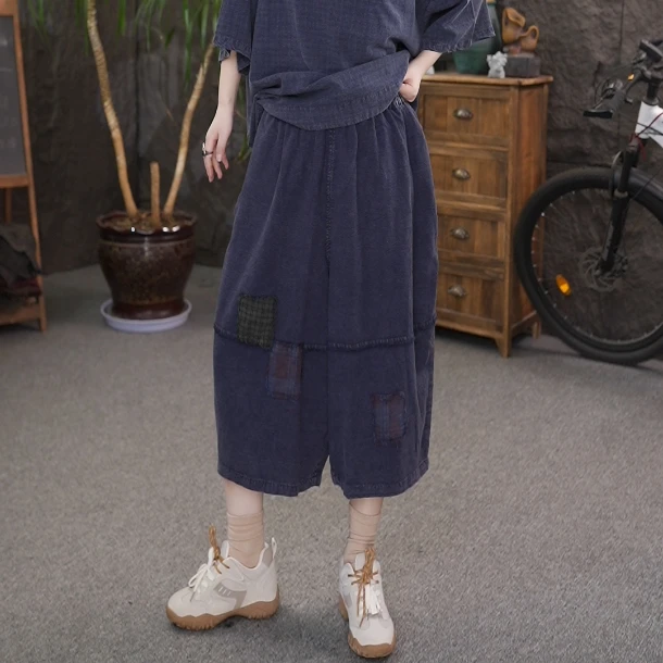 LL贴布七分裤夏季女大码做旧文艺休闲裤宽松裤子