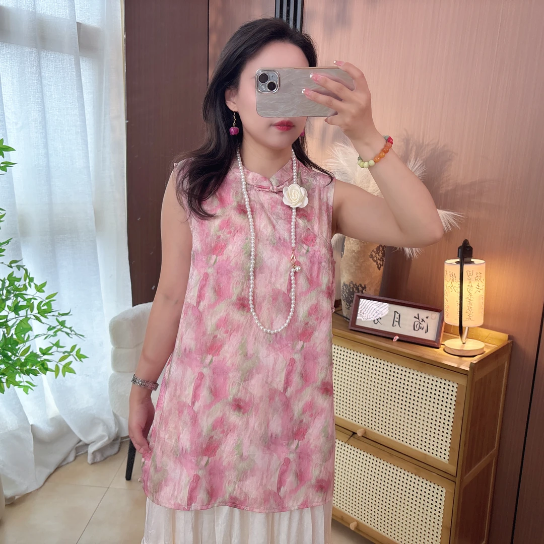 【桃夭】中国风新中式休闲风时尚中长款复古上衣夏季无袖立领旗袍领