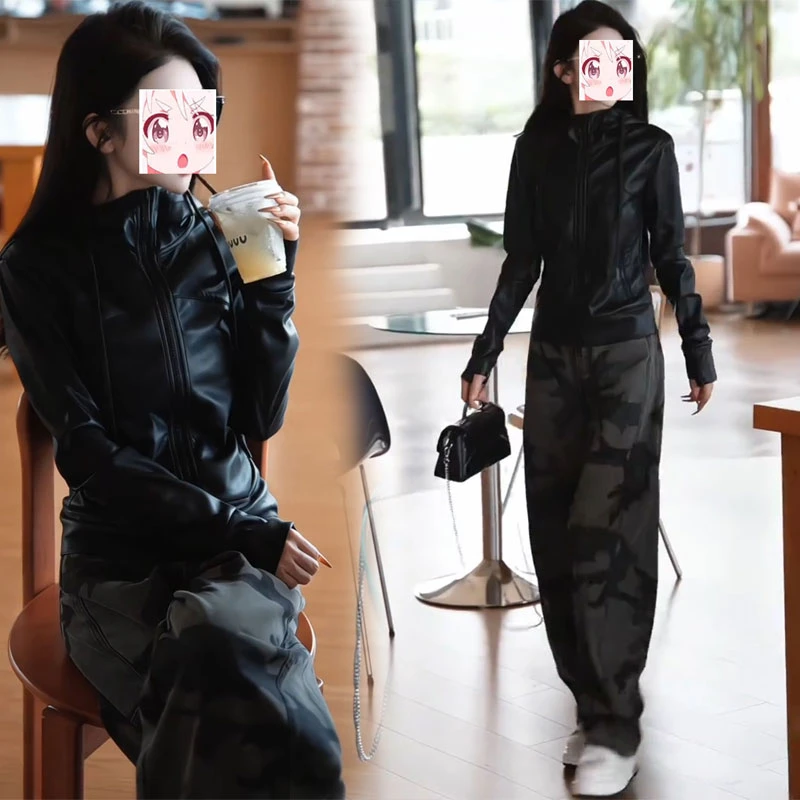 2025秋季时尚机车风穿搭pu皮衣短外套高腰迷彩直筒裤子显瘦两件套