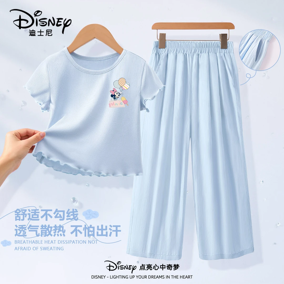 迪士尼童装儿童短袖套装2025夏季新款女童荷叶边半袖大童阔腿裤夏