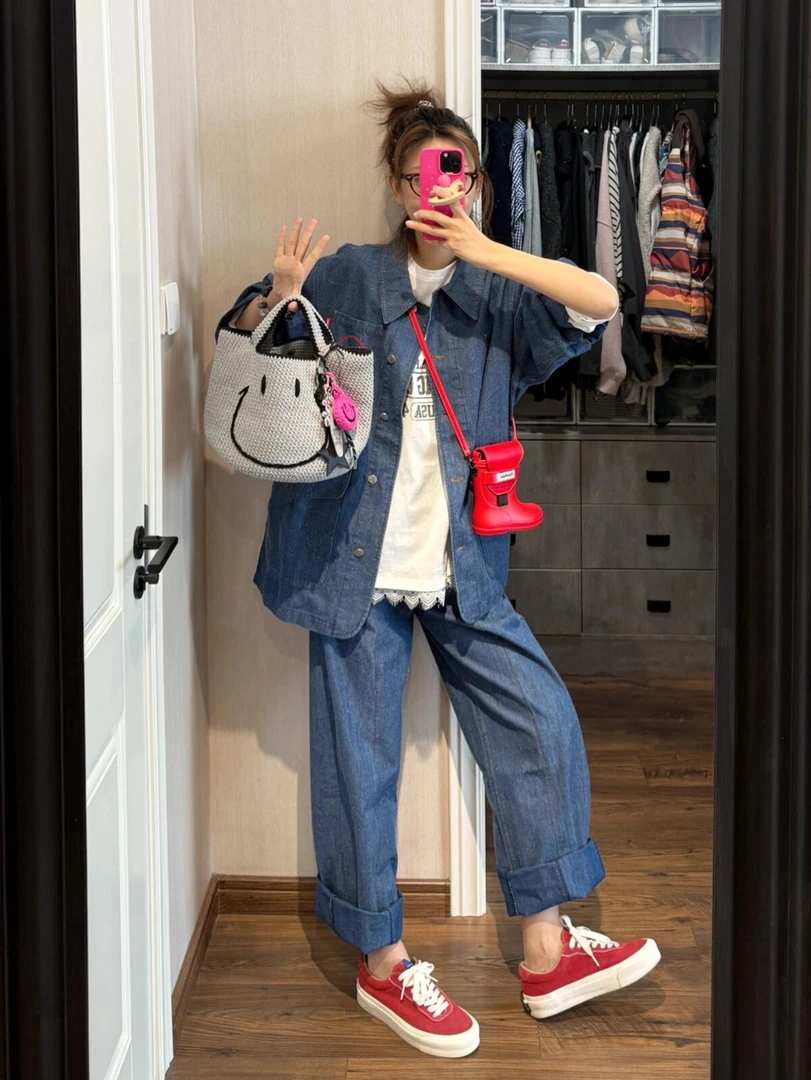 2025春季新款复古牛仔衬衫bf慵懒风松弛感港味复古休闲裤三件套