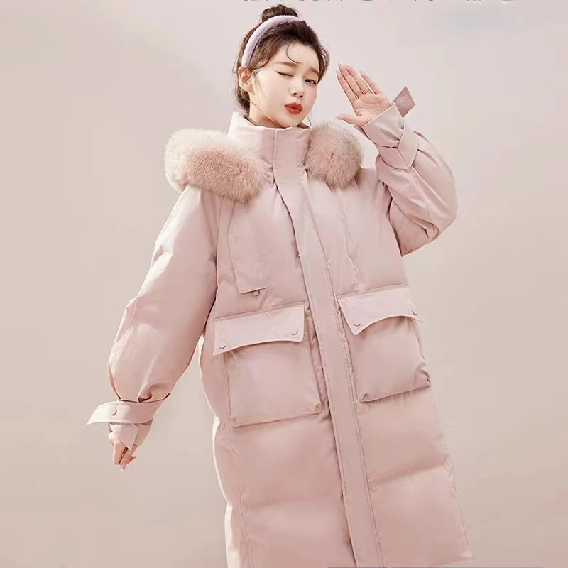 新款时尚休闲连帽宽松中长款加厚韩版90白鸭绒羽绒服狐狸毛XH1