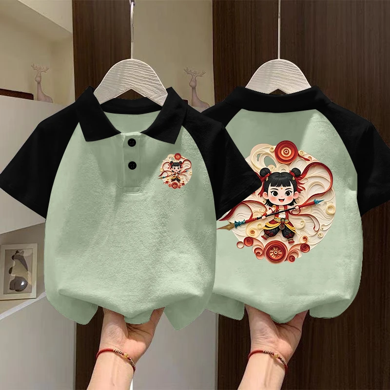男童夏季哪吒polo衫短袖2025新款宝宝帅气翻领t恤中国风拼色上衣