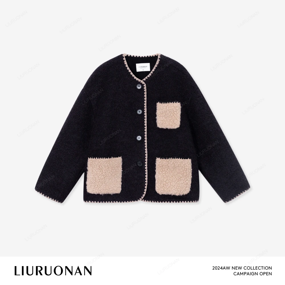 LIURUONAN 24AW【贝壳线外套】撞色拼色粗花呢短外套女冬季无领上衣