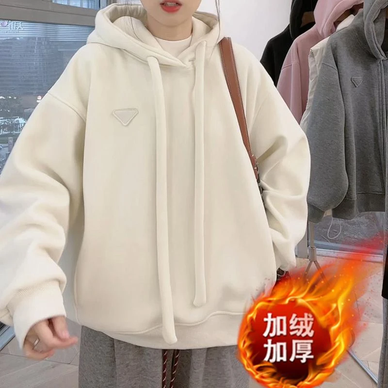 时尚加绒连帽卫衣女2025秋冬新款宽松慵懒时尚潮牌休闲百搭上衣服