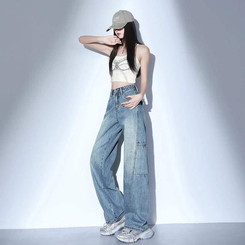 2025春秋新款浅蓝宽松显瘦阔腿裤美式复古直筒弯刀裤工装裤牛仔女