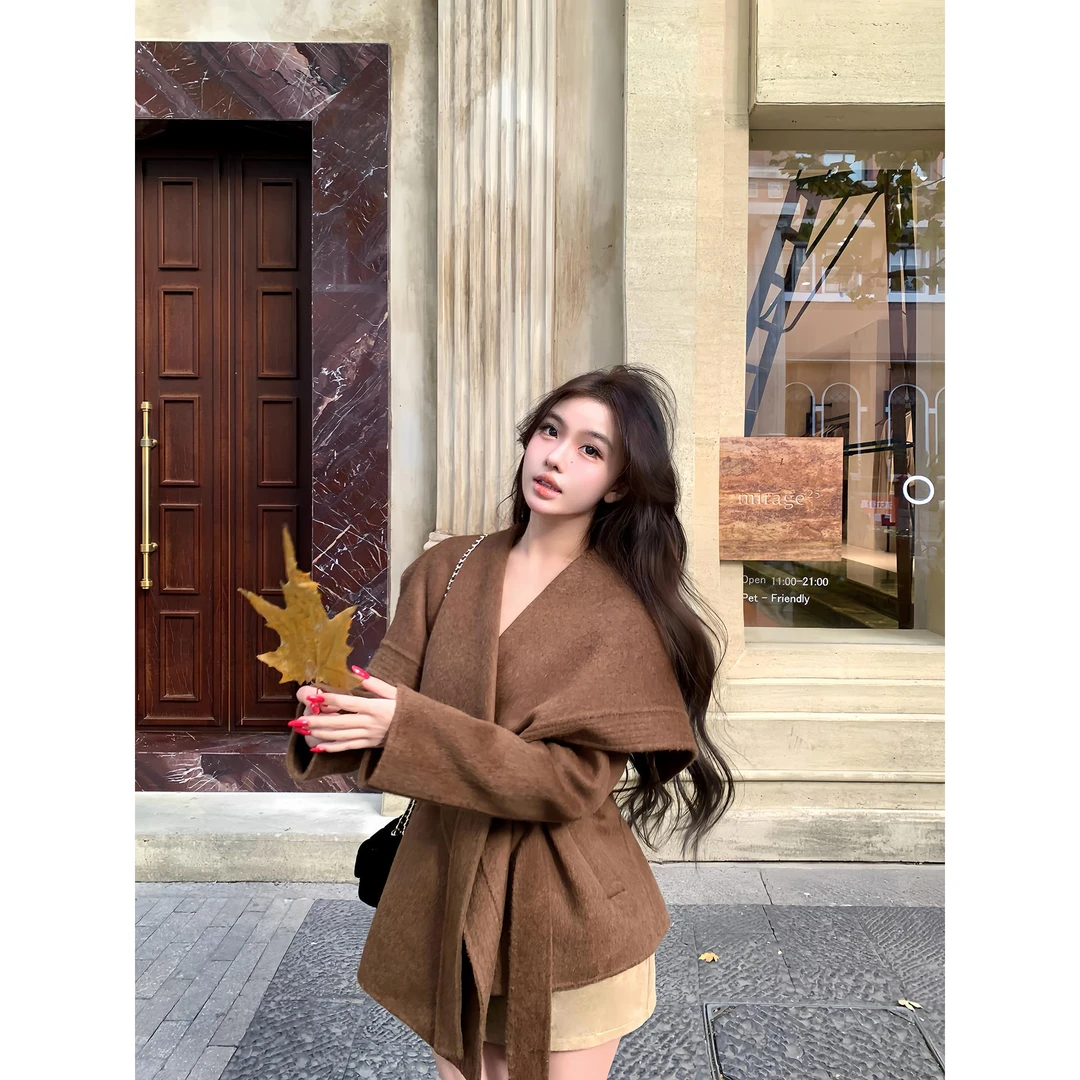 OYFF 12/8 20点【笈简高奢】千金名媛翻领保暖短款系带双面呢大衣