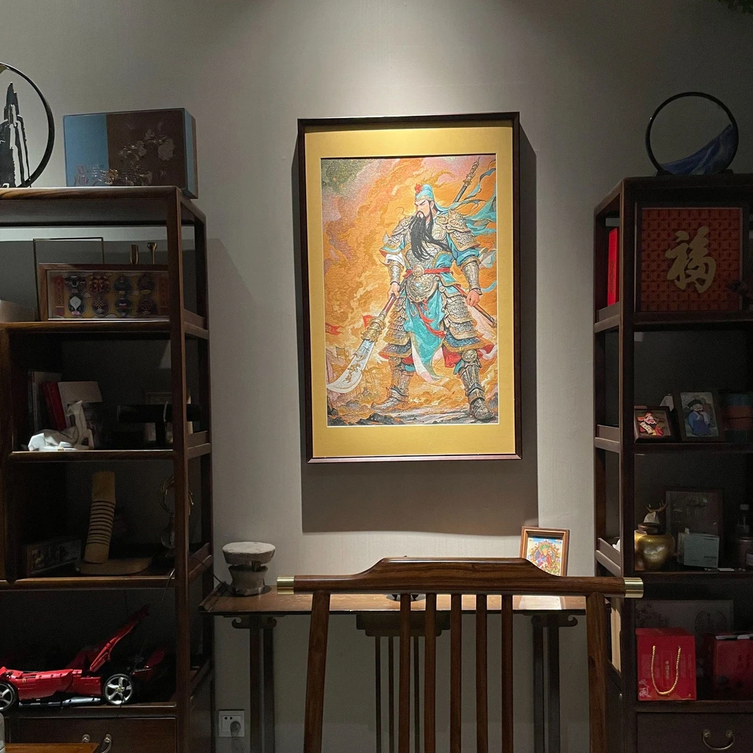刺绣材质唐卡【关公】挂画实木装裱办公室茶室书房背景墙装饰画