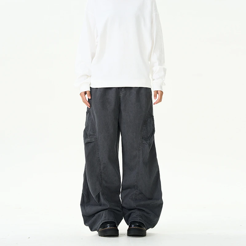 美式复古洗褪baggy阔腿裤男女宽松直筒弯刀休闲感拖地子日系潮流