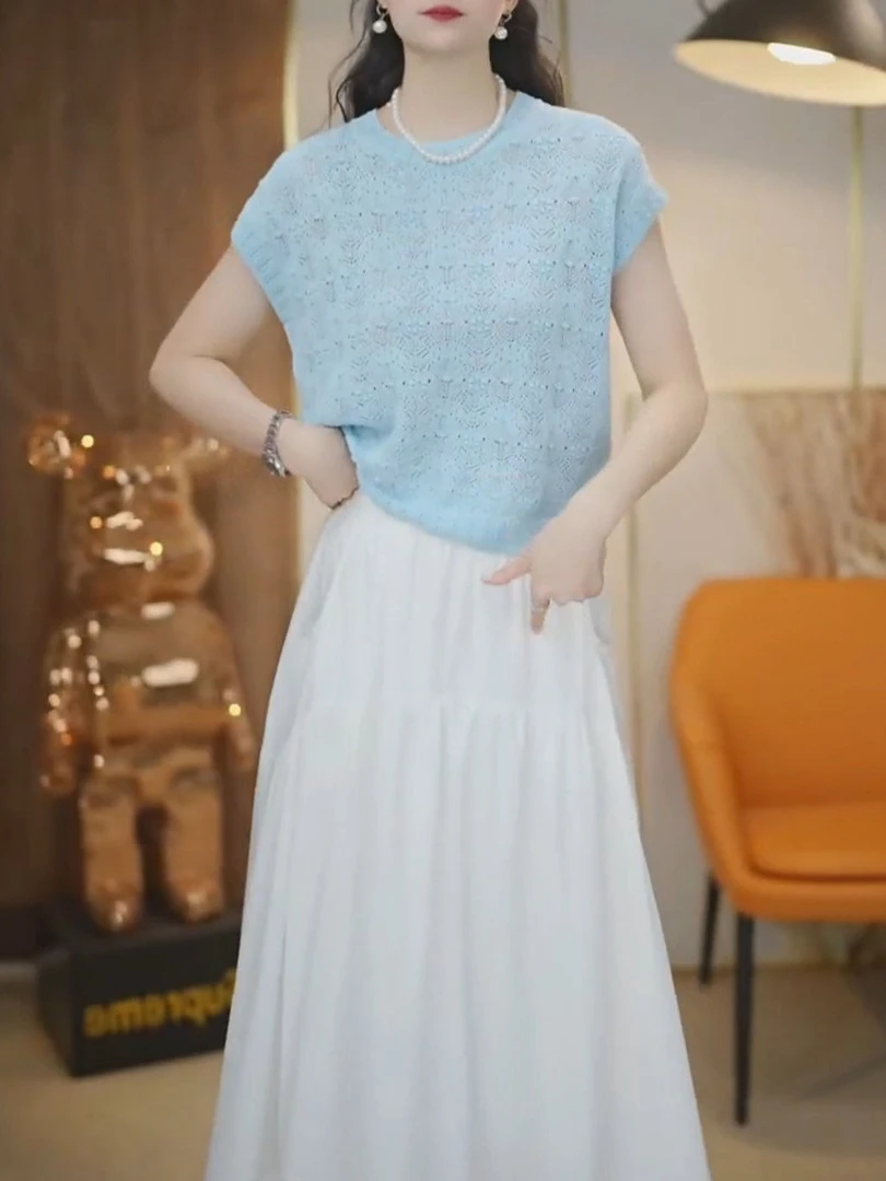 天丝桑蚕丝轻薄透气圆领纯色镂空针织衫2025新款宽松百搭气质上衣