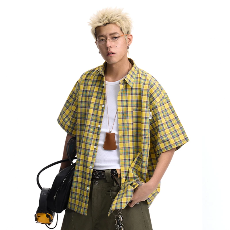 [青]CoosRetro美式复古格子短袖衬衫夏季撞色百搭休闲外套CS52L02
