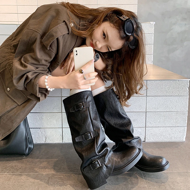 复古裤管靴女2025秋冬新款厚底高筒骑士靴子大筒围显瘦堆堆长筒靴