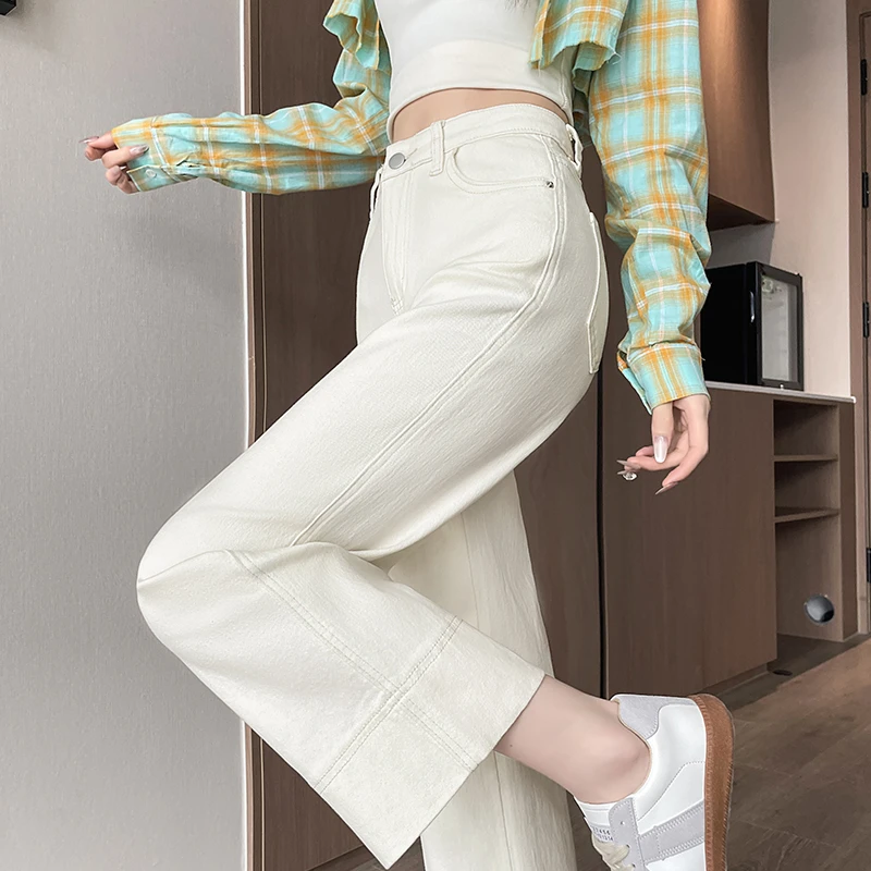 小个子白色直筒牛仔裤女秋季2025新款高腰弹力修身显瘦九分烟管裤