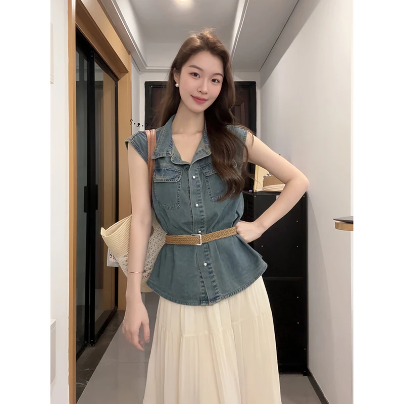 复古港风牛仔衬衫女款2025夏季新款高级感马甲飞飞袖开衫外套上衣