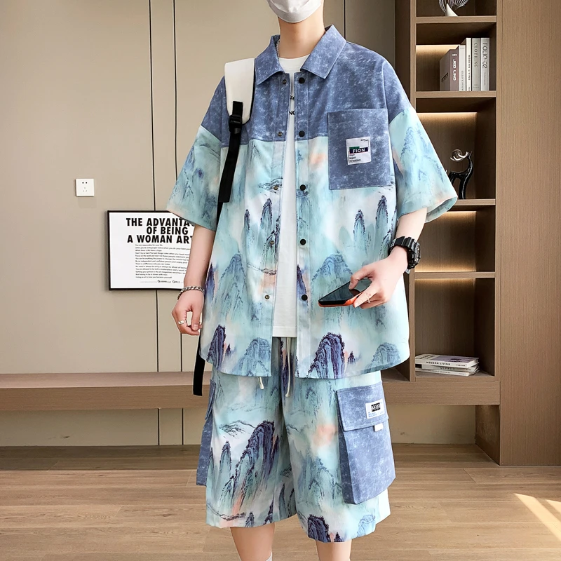 中国风男短裤宽松夏季大码痞帅衬衫短袖韩版休闲运动套装五分袖