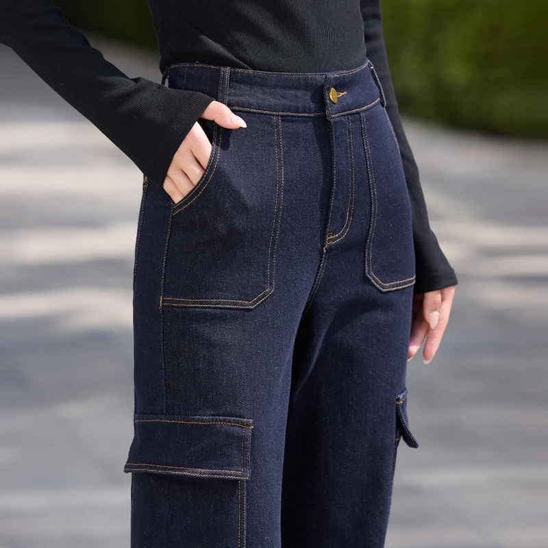 深蓝色牛仔裤女2026炸街潮款裤女春秋季显瘦工装裤窄版直筒裤长裤