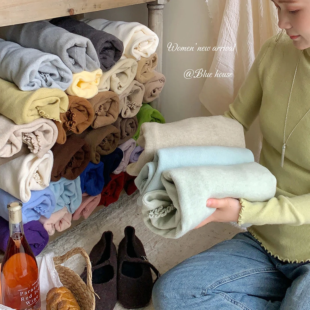 秋冬调色盘~王炸色木花边长袖针织衫女显瘦修身百搭净色打底上衣