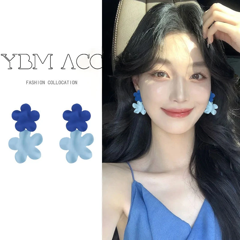 合金耳饰 蓝色花朵耳环女清新小众设计高级感耳饰2025新款耳钉