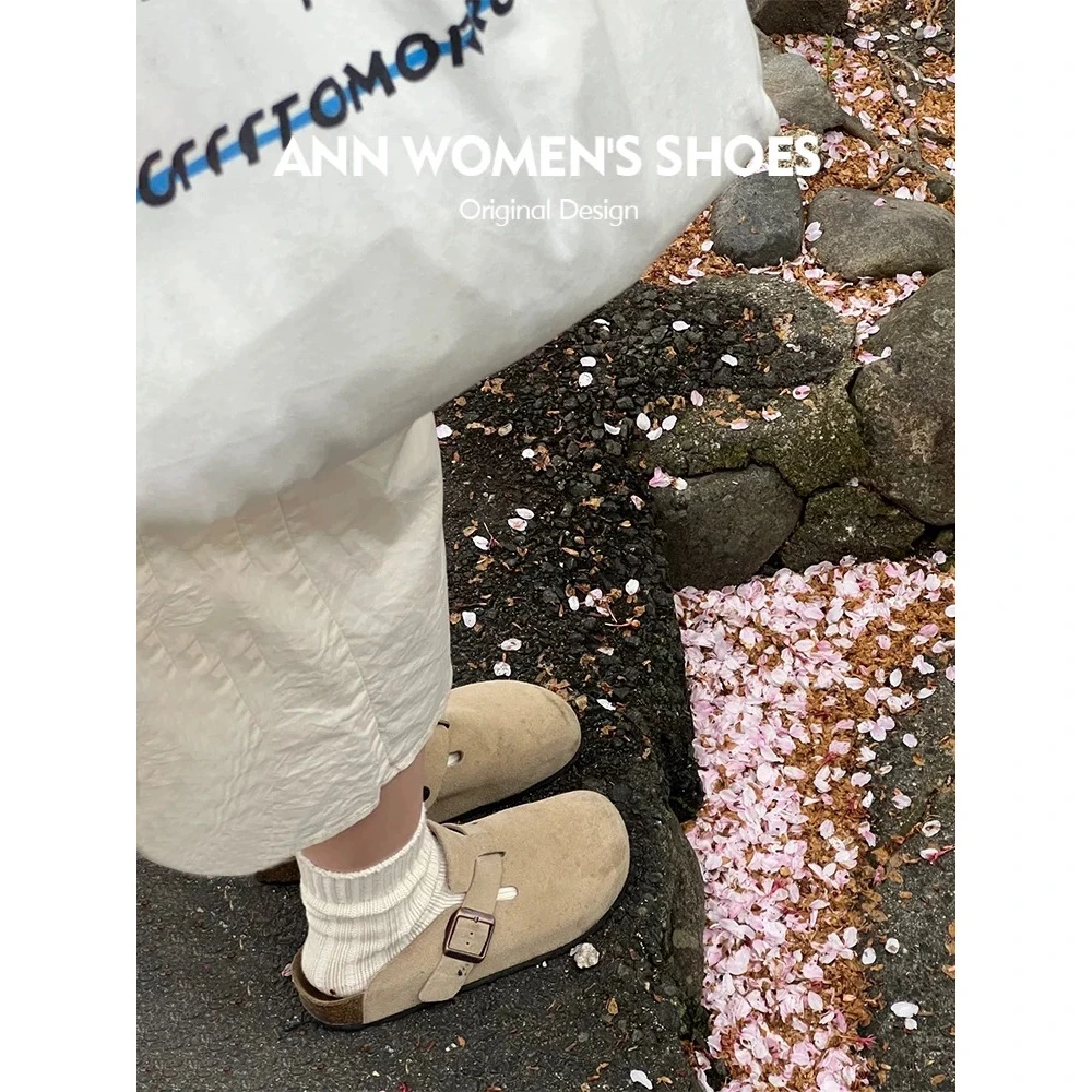 真皮牛皮半拖勃肯鞋女2025新款厚底春秋外穿包头大码平底博肯拖鞋